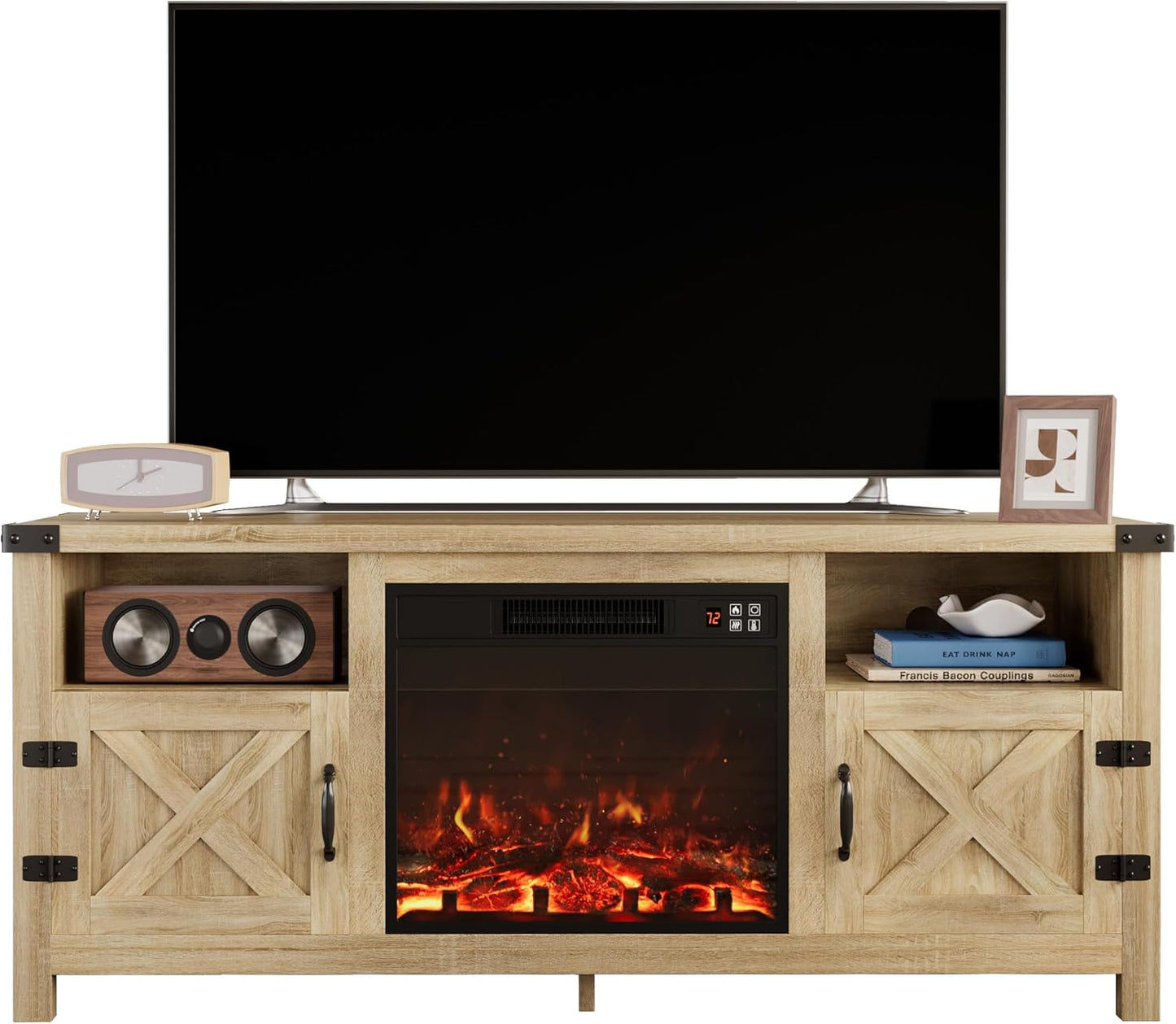 Rustic Farmhouse Electric Fireplace TV Stand – Cozy Living Room Entertainment Cabinet with Storage