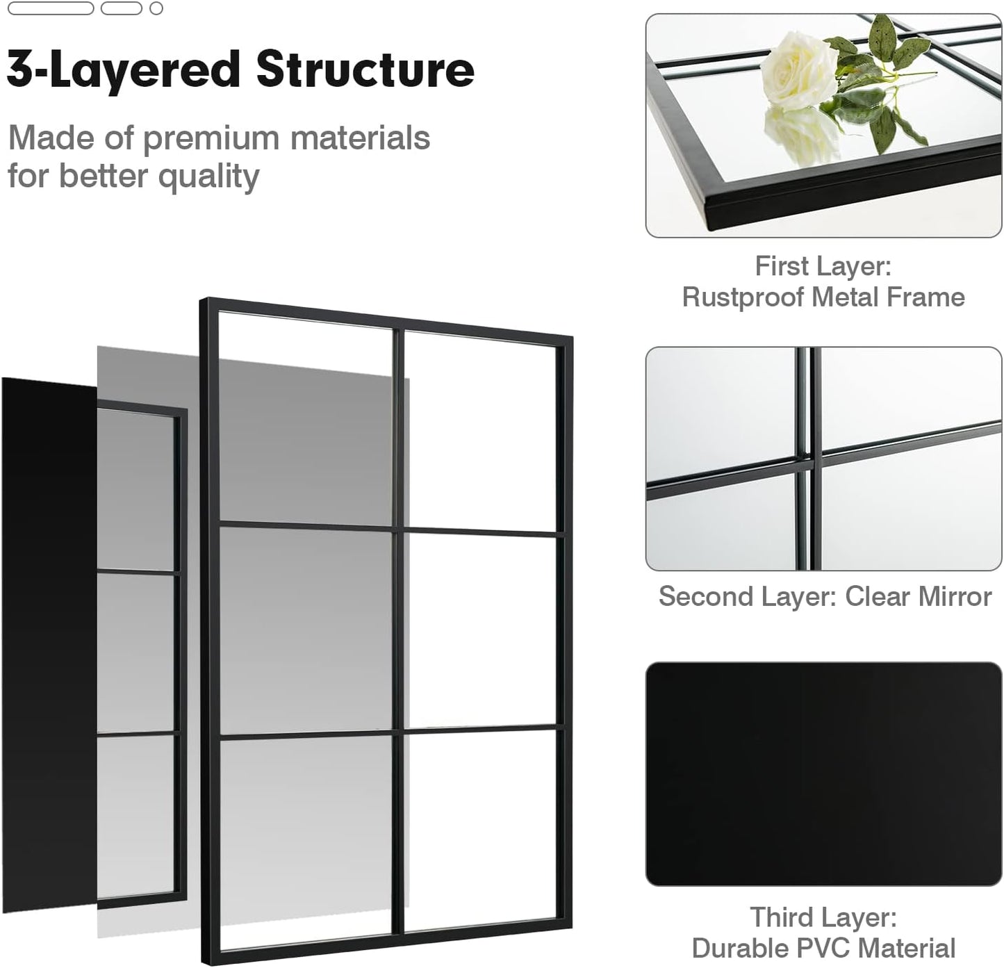 Large Window Pane Wall Mirror – Modern Decorative Home Accent