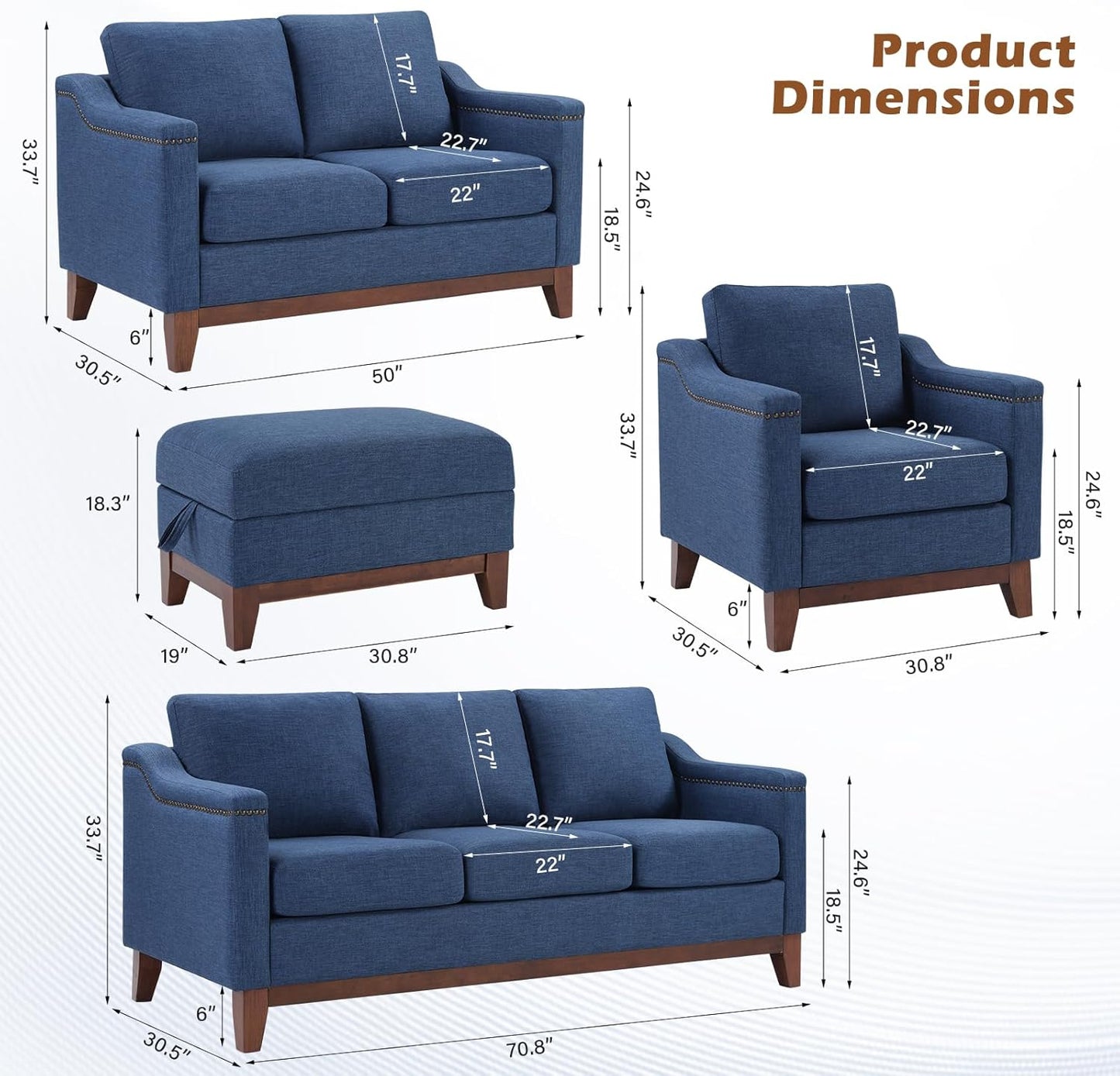 4-Piece Living Room Sofa Set with Storage Ottoman
