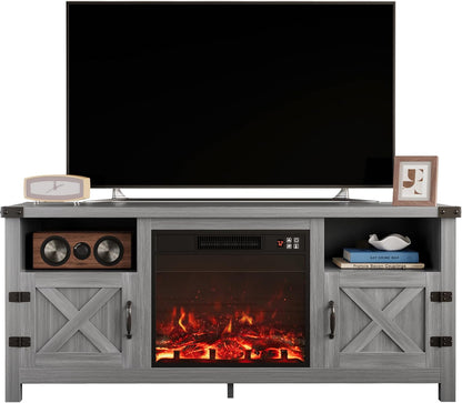 Rustic Farmhouse Electric Fireplace TV Stand – Cozy Living Room Entertainment Cabinet with Storage