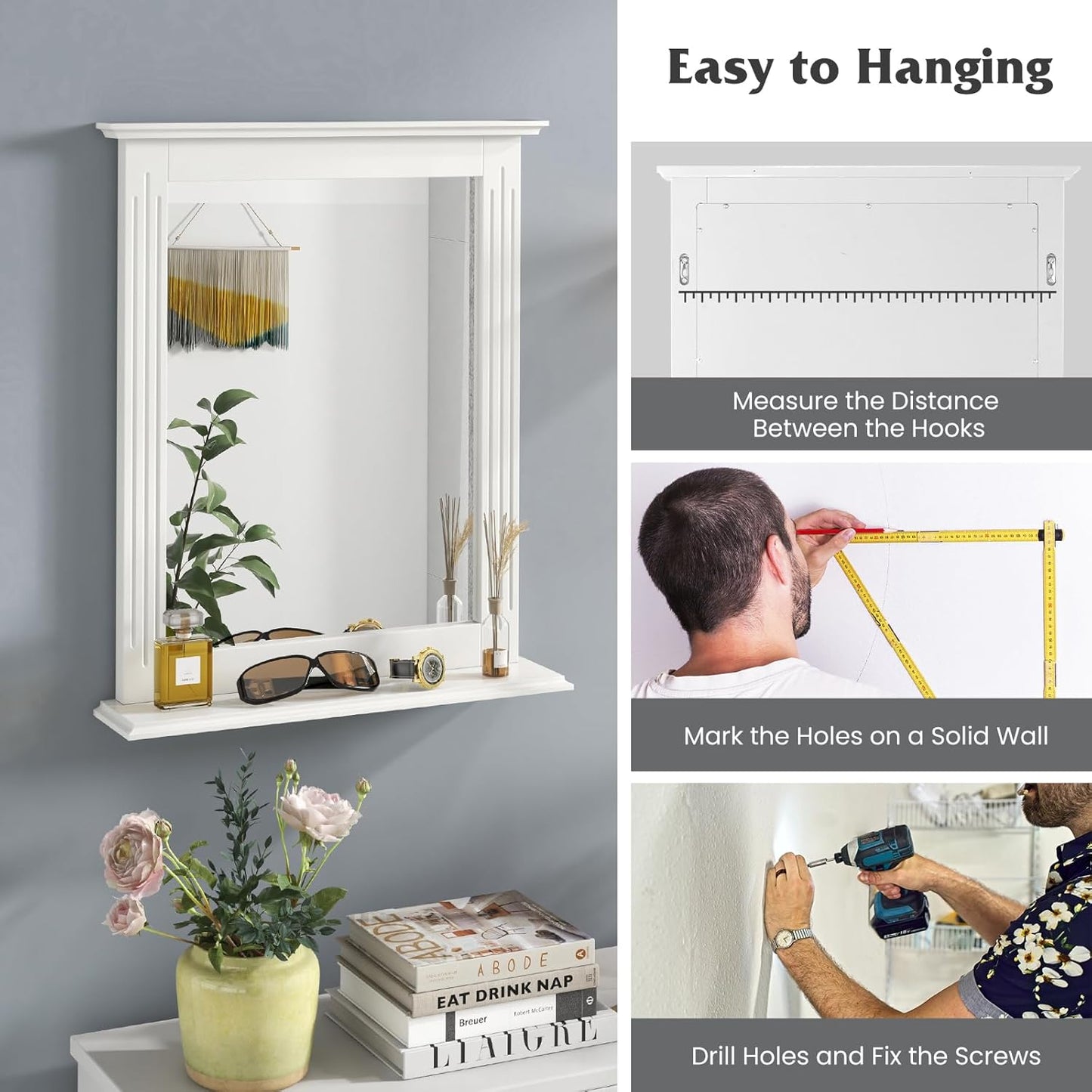 Wall-Mounted Bathroom Mirror with Storage Shelf – Modern Vanity Mirror for Bathroom & Entryway