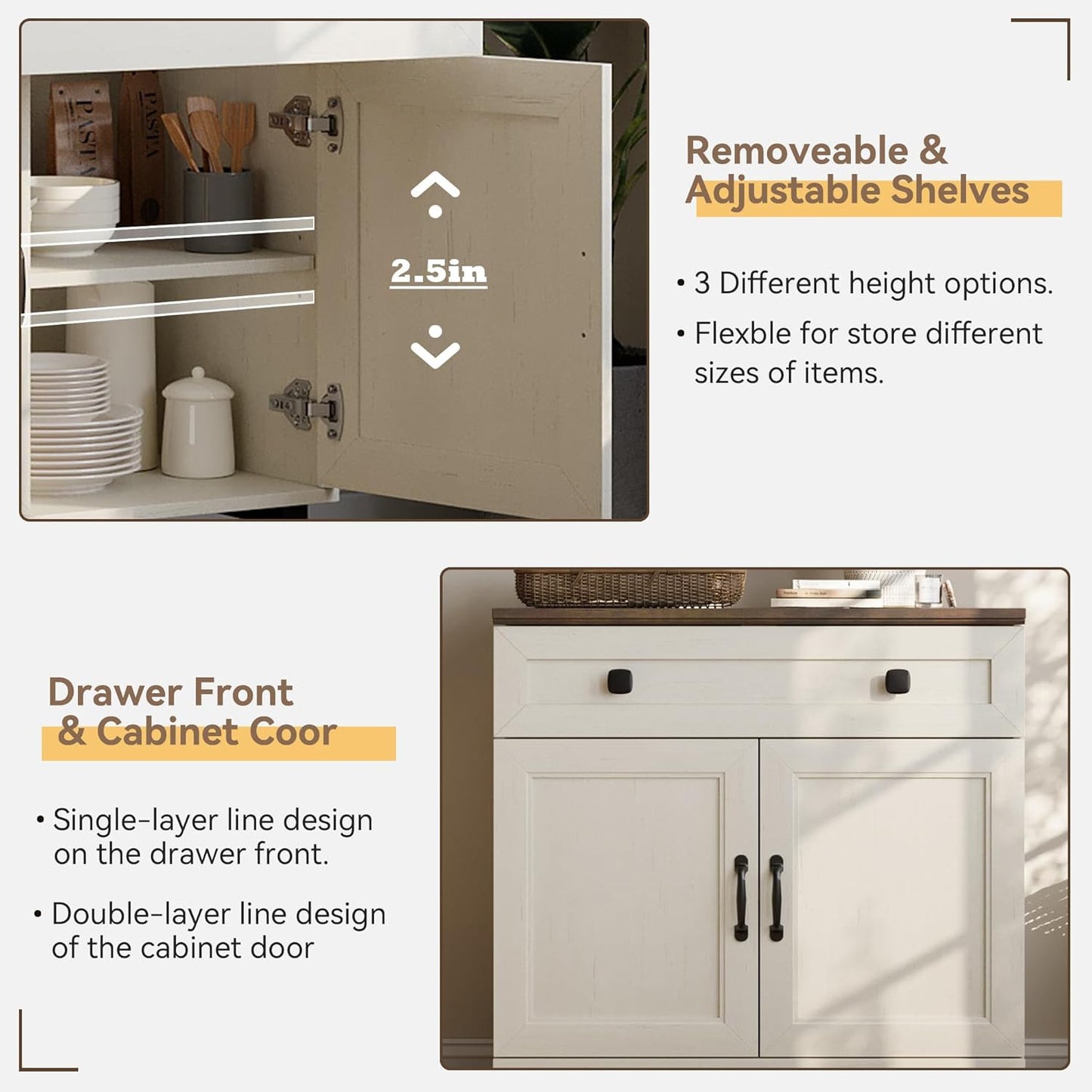 Farmhouse Buffet Sideboard Cabinet – Extra Long Storage Console with Adjustable Shelves