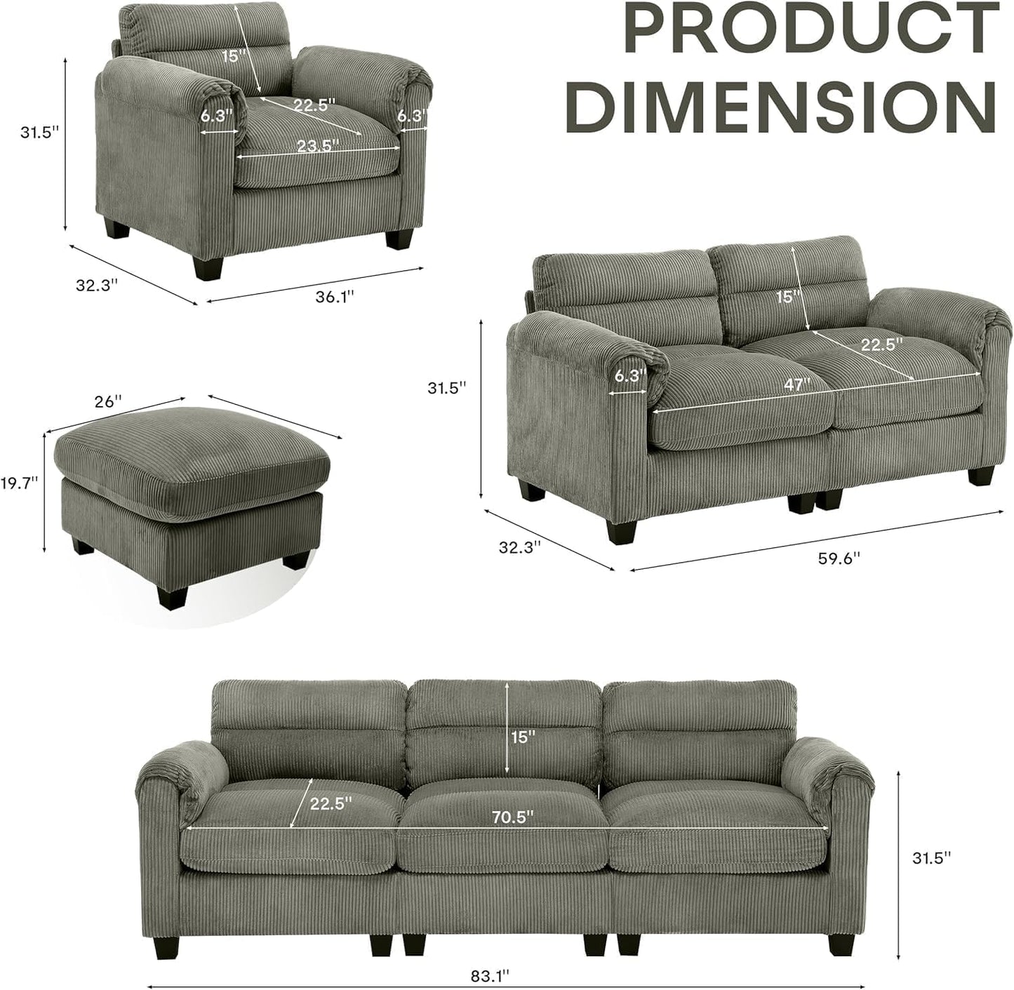 4-Piece Living Room Couch Set – Cozy Corduroy Comfort