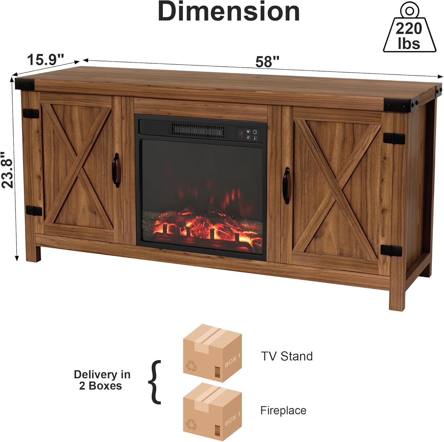 Rustic Farmhouse Electric Fireplace TV Stand – Cozy Living Room Entertainment Cabinet with Storage