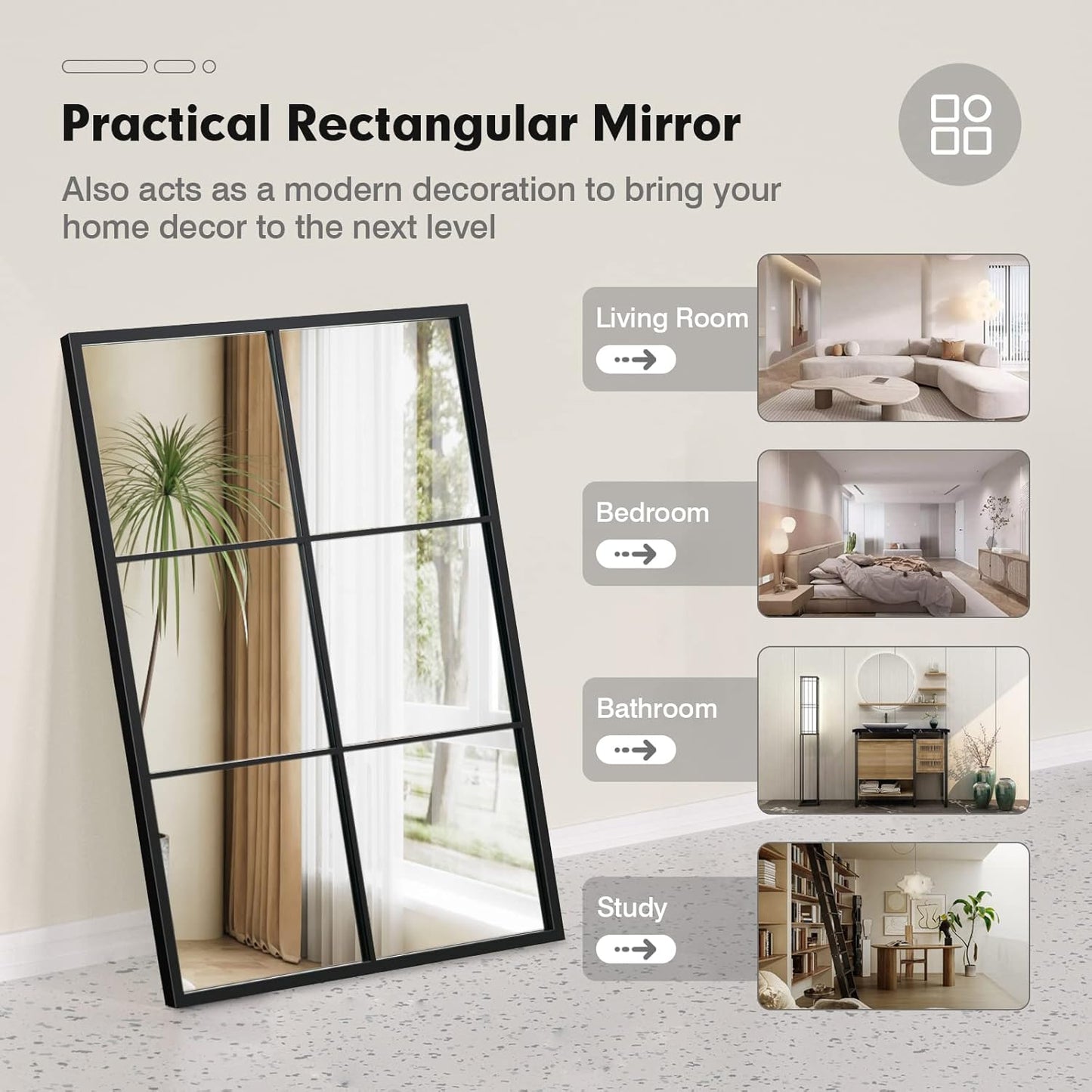 Large Window Pane Wall Mirror – Modern Decorative Home Accent