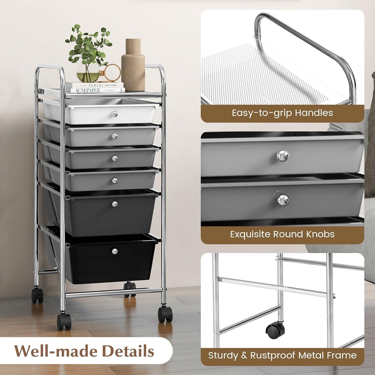 Rolling Storage Cart with 6 Drawers