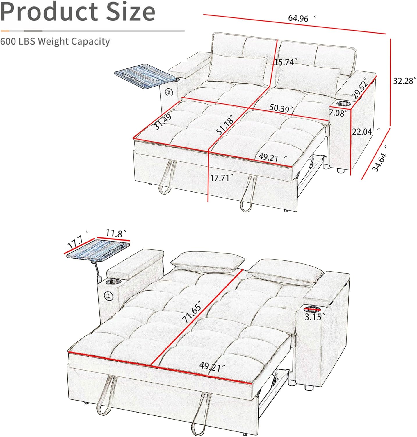 Convertible Sleeper Sofa Bed – Modern Pull-Out Loveseat with Adjustable Backrest