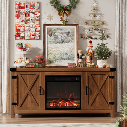 Rustic Farmhouse Electric Fireplace TV Stand – Cozy Living Room Entertainment Cabinet with Storage