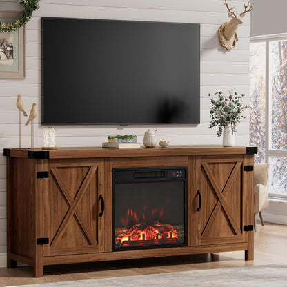 Rustic Farmhouse Electric Fireplace TV Stand – Cozy Living Room Entertainment Cabinet with Storage