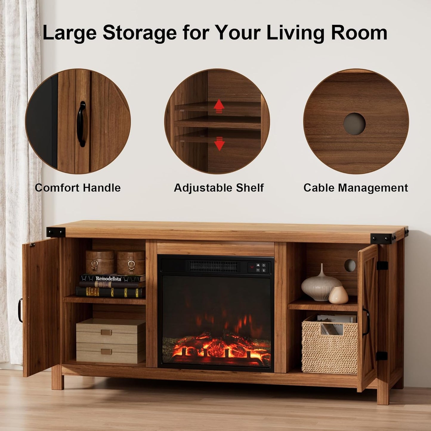 Rustic Farmhouse Electric Fireplace TV Stand – Cozy Living Room Entertainment Cabinet with Storage