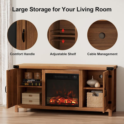 Rustic Farmhouse Electric Fireplace TV Stand – Cozy Living Room Entertainment Cabinet with Storage