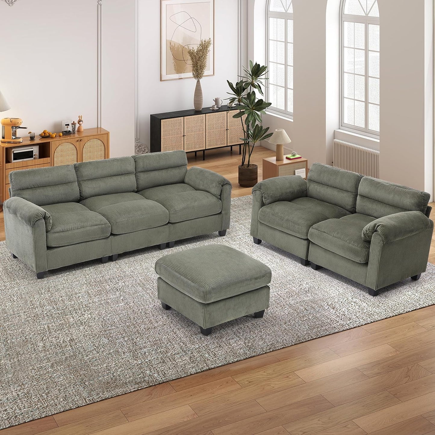 Complete 3-Piece Living Room Sofa Set – Loveseat, 3-Seater Sofa & Ottoman