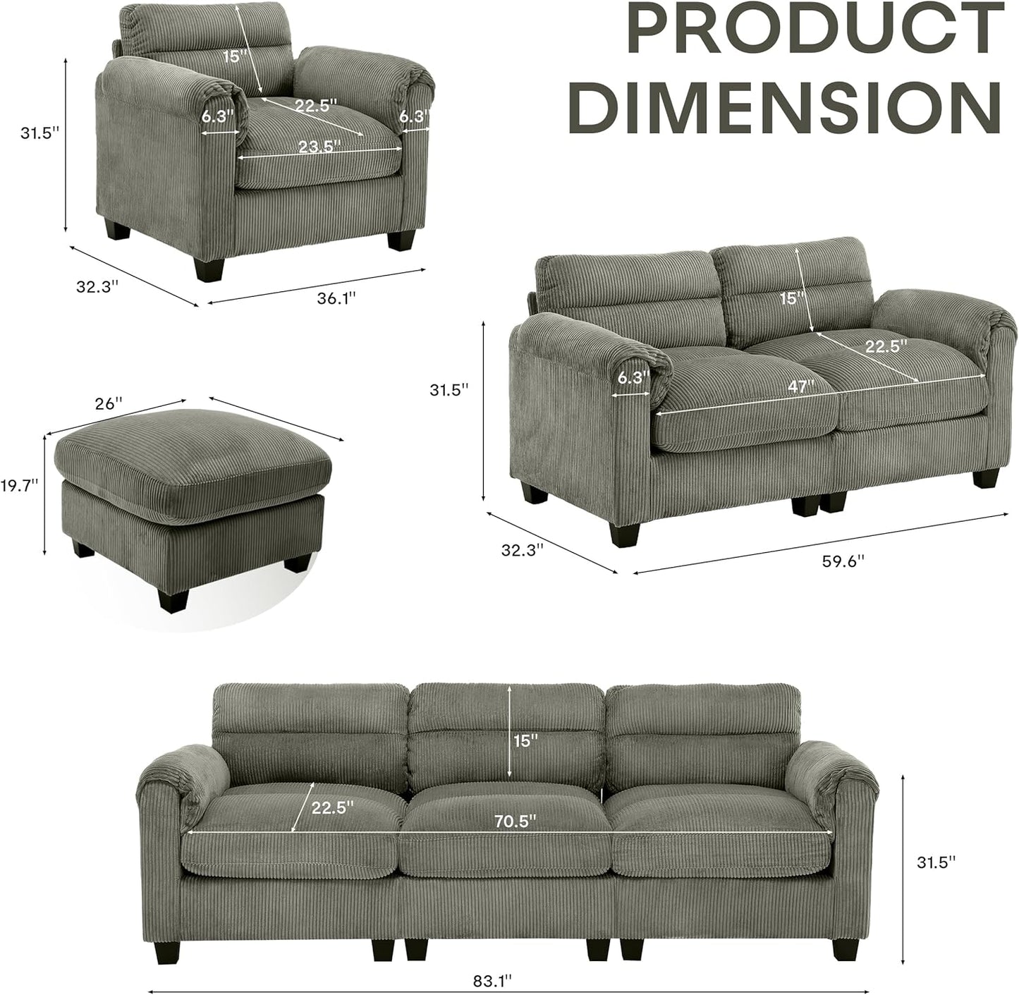 Complete 3-Piece Living Room Sofa Set – Loveseat, 3-Seater Sofa & Ottoman